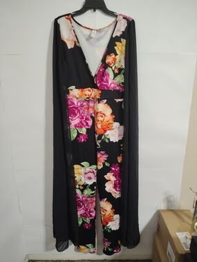 Black Floral Wrap Jumpsuit with Fly Away Sleeves.